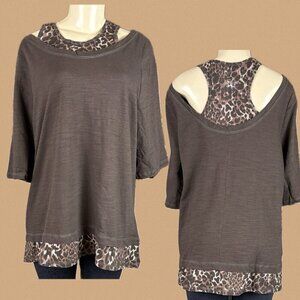 Catherines +0X Brown Heather Animal Print Trim Faux Racerback Cold Shoulder Top